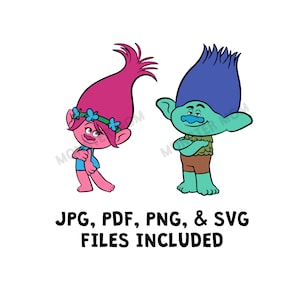 May include: A digital illustration of two cartoon trolls. The female troll has pink hair and a blue flower crown. The male troll has blue hair and is wearing a brown shirt and shorts. The text "JPG, PDF, PNG, & SVG FILES INCLUDED" is below the trolls.