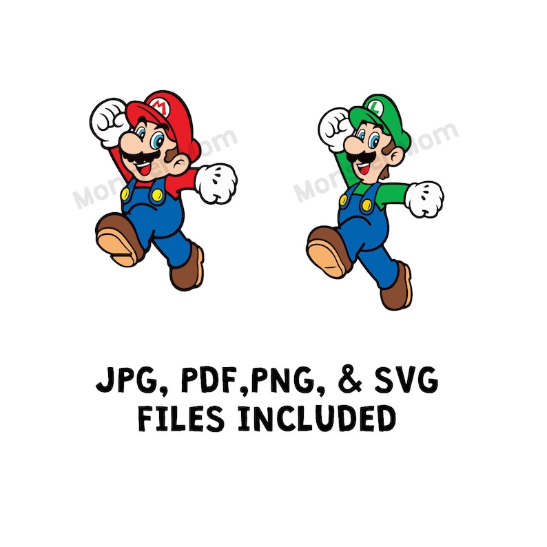 May include: Two cartoon characters, one in red and one in green, are running. The red character has a mustache and a red hat. The green character has a mustache and a green hat. The text "JPG, PDF, PNG, & SVG FILES INCLUDED" is below the characters.