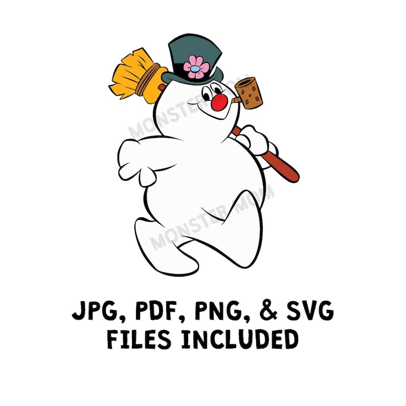 May include: A cartoon snowman wearing a green hat with a pink flower, a red nose, and a pipe. He is holding a broom in his right hand and is walking to the right. The text "JPG, PDF, PNG, & SVG FILES INCLUDED" is below the snowman.