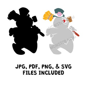 May include: A black and white silhouette of Frosty the Snowman, a cartoon character, walking with a broom and a hat. The image also shows a color version of Frosty the Snowman with a gray body, a red scarf, a black hat with a flower, and a broom.