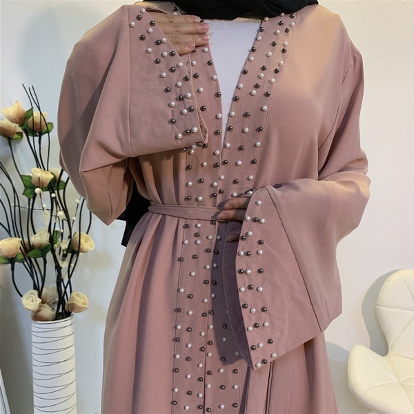 Cardigan Abaya de Dubaï pour femmes musulmanes Manches et devants en perles