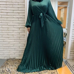 Evening satin Muslim Dress with Belt - Pleated dress 5 colors