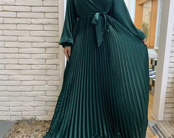 Evening satin Muslim Dress with Belt - Pleated dress 5 colours