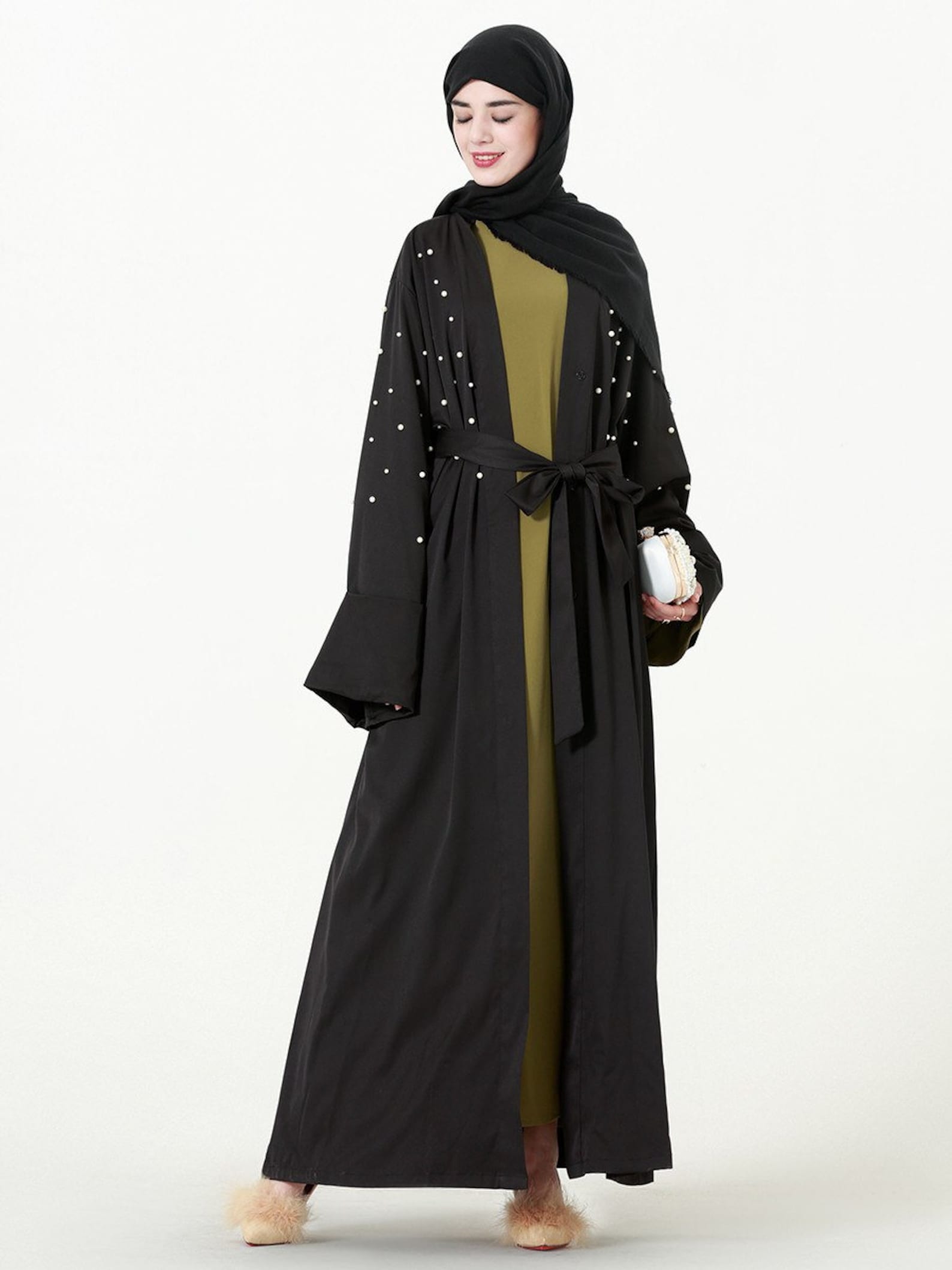Pearl Embellished Self Belt Abaya open front | Etsy