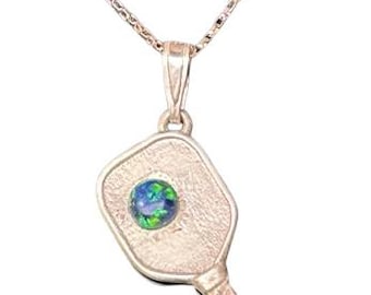 Sterling Silver Small Pickleball Pendant Necklace 1" with simulated opal