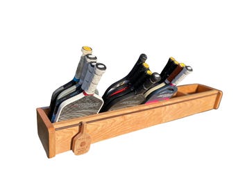 Next Up Solid Cherry Indoor Pickleball Paddle Rack with sliding customized hardwood paddle