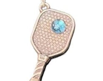 Sterling Silver Pickleball Pendant Necklace 1.5 with genuine blue topaz