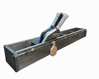 Next Up Stained Pine Indoor Pickleball Paddle Rack with sliding customized hardwood paddle
