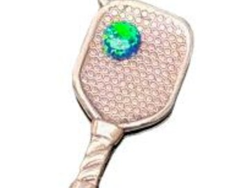 Sterling Silver Pickleball Pendant Necklace 1.5 with simulated opal