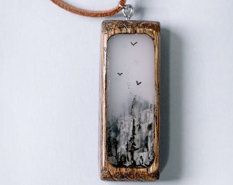 Handmade oak wood epoxy resin handpainted pendant modern necklace natural materials design epoxy resin designer jewelry on leather cord