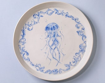 Handmade hand painted chinoiserie style floral marine ornament rustic vintage ceramic porcelain plate bowl Home decor transparent glaze