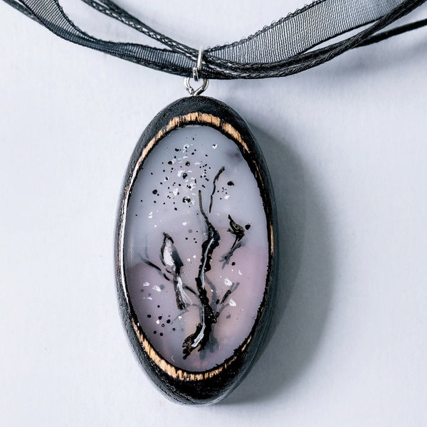 Handmade black oak wood epoxy resin handpainted Tree and Bird pendant necklace natural materials epoxy designer jewelry on textile cord