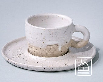 Handmade Rustic Vintage Ceramic cup mug for espresso coffee with saucer tea milk Home decor speckled clay textured white glaze