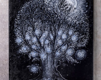 Original black and white oil hand painting on canvas. Magic tree with lanterns full moon wall decor fantasy dreaming style, Home Decor