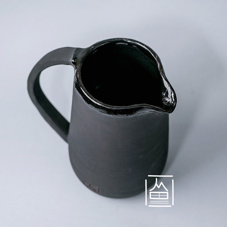 Handmade Rustic Vintage Ceramic pitcher jug textured black glaze Home decor image 4