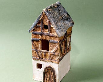 Handmade Ceramic Cottages house miniature half-timbered Fachwerk LED candle holder sculpture home decor gifts Decoration