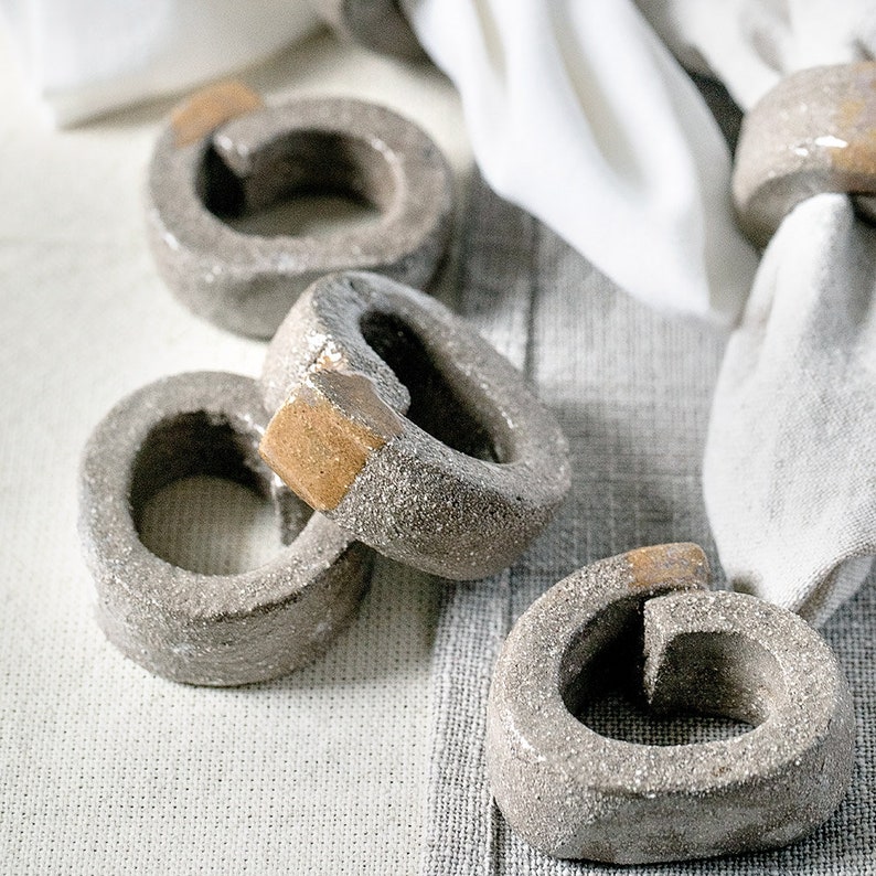 Handmade modern ceramic napkin ring table setting decoration rough textured gray glaze image 2