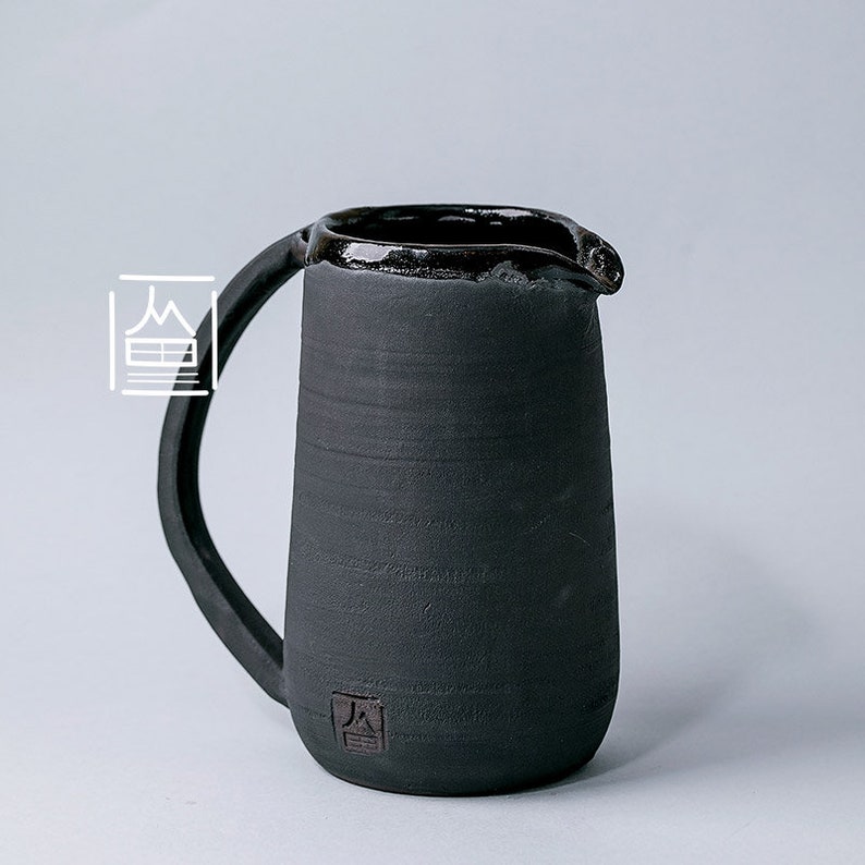 Handmade Rustic Vintage Ceramic pitcher jug textured black glaze Home decor image 3