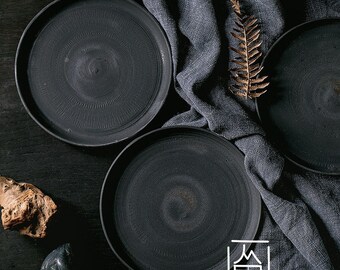 Handmade Rustic Vintage Ceramic plate bowl Home decor textured matte black glaze