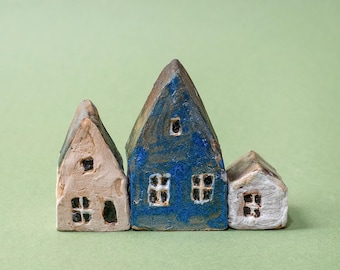 Handmade Ceramic Cottages houses set of 3, miniature dollhouse pottery home decor Little garden house, Model train decor home decor gifts