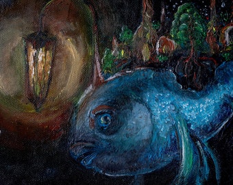 Original color oil hand painting on canvas. A magic fish with a lantern and a city on its back wall decor fantasy dreaming style, Home Decor