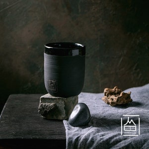 Handmade Rustic Vintage Ceramic cup without handle mug for coffee tea milk Home decor textured matte black glaze