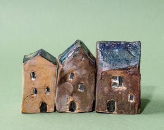 Handmade Ceramic Cottages houses set of 3, miniature dollhouse pottery home decor Little garden house, Model train decor home decor gifts