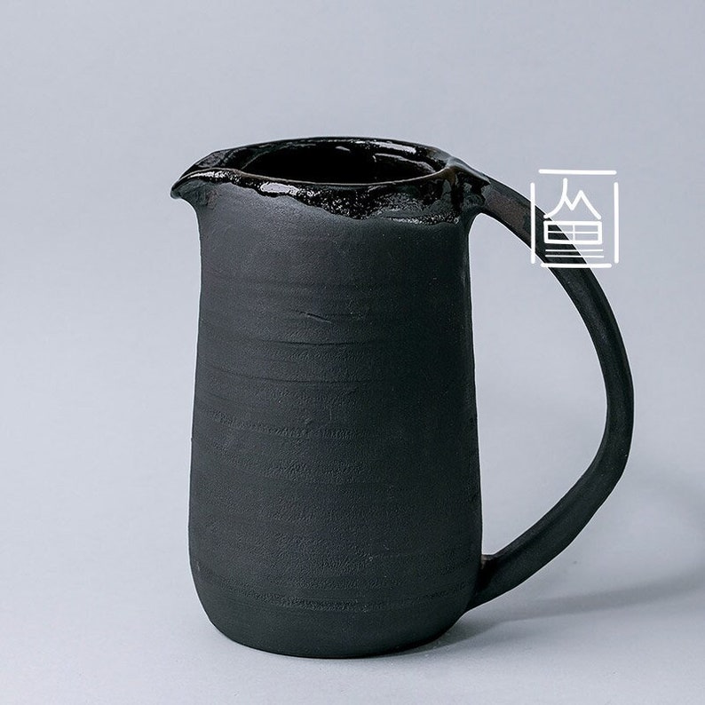 Handmade Rustic Vintage Ceramic pitcher jug textured black glaze Home decor image 1