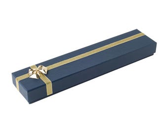 Blue Cardboard Bracelet Box: Gold Ribbon Bow Jewelry Gift Case