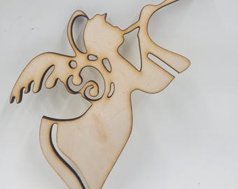 May include: A wooden angel silhouette with a trumpet. The angel is cut from light-colored wood, featuring detailed wing and hair designs. The angel is blowing a trumpet, and is suitable for holiday decor.