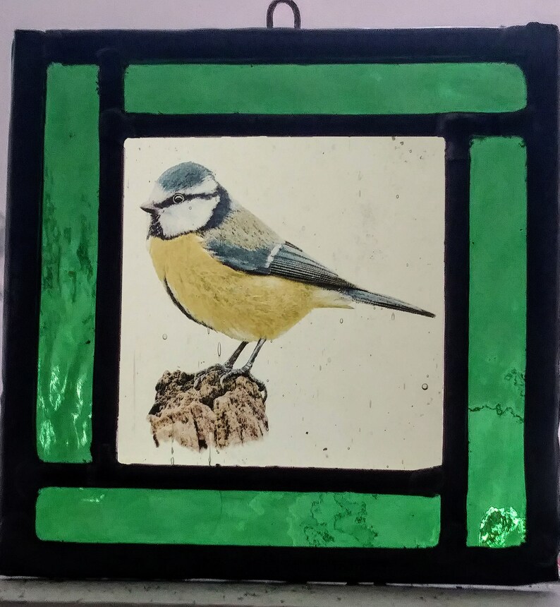 Spring suncatcher Stained Glass Blue Tit Chickadee bird hanging panel Traditional lead vintage style window bird