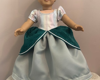 Disney’s Little Mermaid princess Ariel dress is handmade to fit such dolls as the 18 inch American Girl, Madame Alexander and My Life.