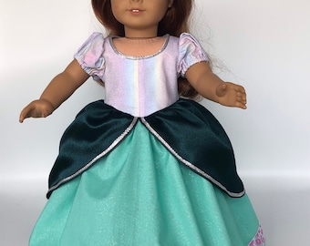 Disney’s Little Mermaid princess Ariel dress is handmade to fit such dolls as the 18 inch American Girl, Madame Alexander and My Life.