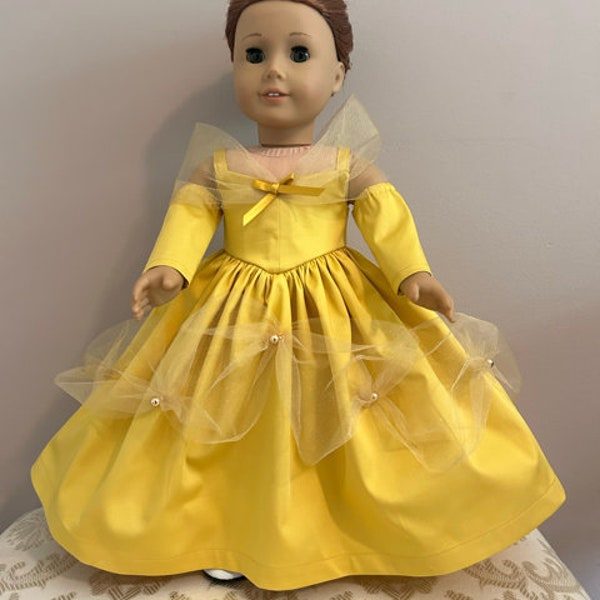 Disney’s Beauty and Beast Princess Belle evening gown is handmade to fit such 18 inch dolls as the American Girl and Madame Alexander.