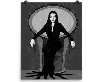 May include: Monochrome poster depicting a woman in a black dress seated in a chair. The woman has long black hair and pale skin. The chair is set against a dark background with an oval mirror. The dress's hem has a root-like design.