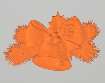 May include: Orange Christmas ornament with a bell and a bow. The ornament is decorated with a sprig of holly.
