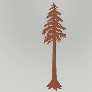 May include: A brown, stylized illustration of a tall evergreen tree. The tree has a long, slender trunk and a full, textured crown of branches. The tree is set against a plain, light gray background.