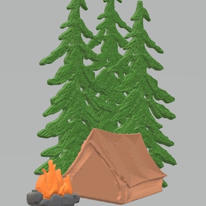 以下が含まれることがあります： 緑の松の木を背景にした茶色のテント。テントは森の中に設置されており、その前に小さなオレンジ色の焚き火があります。