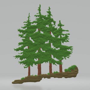May include: A group of four green pine trees with brown trunks growing out of a brown rock. The trees are clustered together and have a 3D effect.