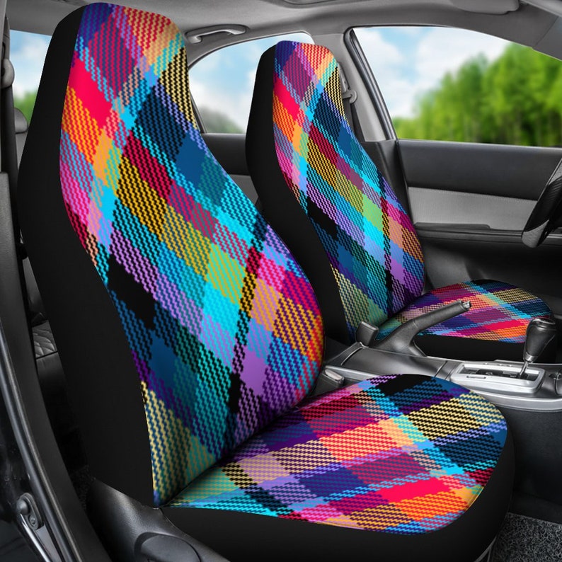 Tropical Plaid Car Seat Covers Fabric Scottish Tartan Cover For Vehicle Cat Red Blue