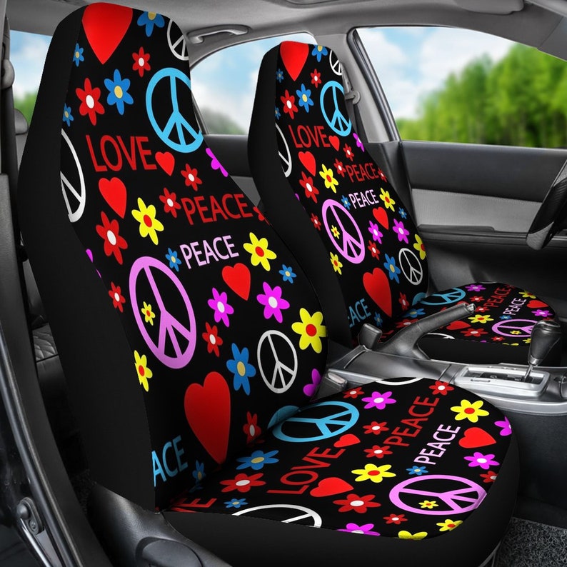 Love Peace Blue Car Seat Covers Pair Cover For Vehicle Image 0