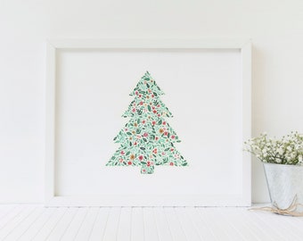 Christmas Tree Floral Watercolor Print - FREE SHIPPING | Flowers | Artwork | Art Print