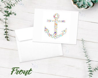 Anchor Notecards - FREE SHIPPING | Blank Note Cards | 10-Pack Blank Greeting Cards | Nautical Floral Watercolor Cards