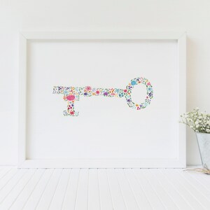Skeleton Key Floral Watercolor Print - FREE SHIPPING | Multi-Colored Flowers Artwork | Art Print