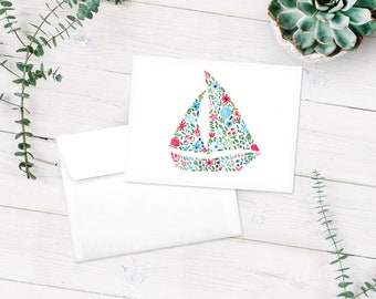 Sailboat Notecards - FREE SHIPPING | Blank Note Cards | 10-Pack Blank Greeting Cards | Boat Floral Watercolor Notecards