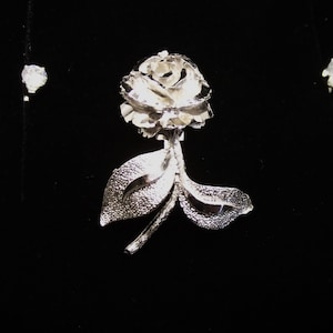 Vintage signed Coro Silver Rose Brooch/Pin with CZ Earrings