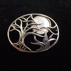 Signed Jezlaine Sterling Winter Tree with Moon Brooch