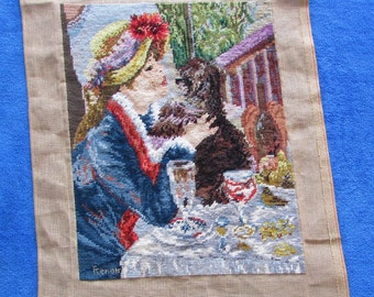 Completed needlepoint gobelin - woman with dog