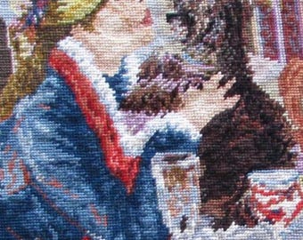 Completed needlepoint gobelin - woman with dog