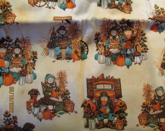 May include: A beige fabric with a repeating pattern of scarecrows, pumpkins, sunflowers, and a red truck. The text "Happy Harvest" is printed on a sign in the image.